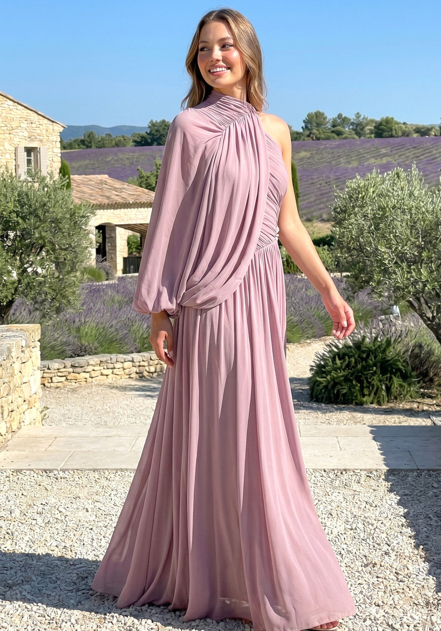 One Sleeve Draped Maxi Dress Dusty Pink