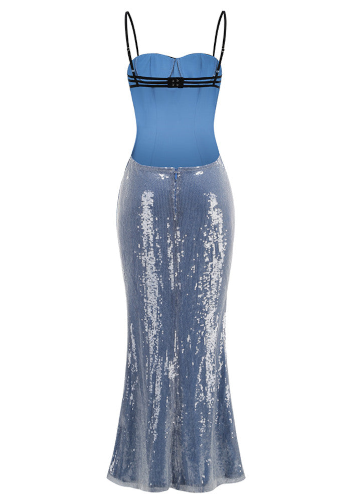 Lace Bustier Backless Sequin Maxi Dress Blue Black
