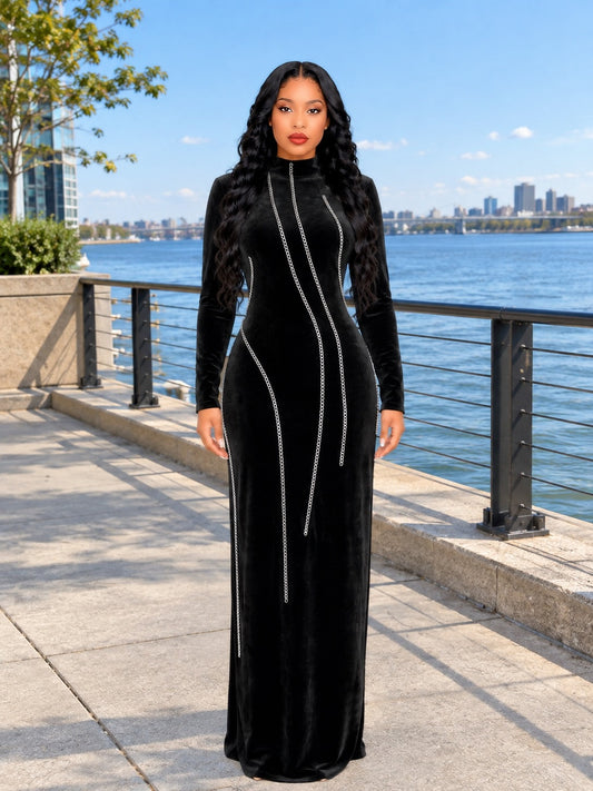Long Sleeve Embellished Maxi Velvet Dress Black