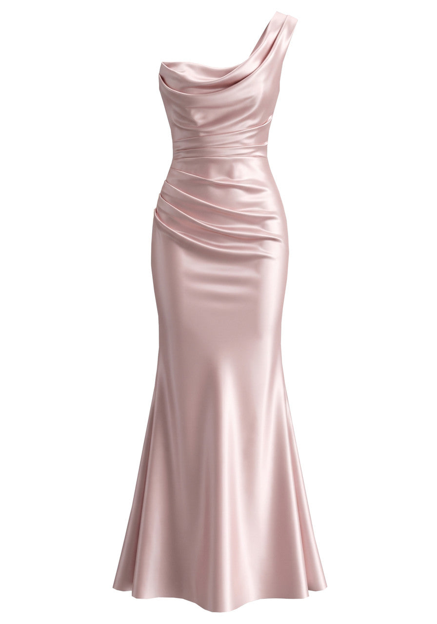 One Shoulder Draped Corset Maxi Dress Pink