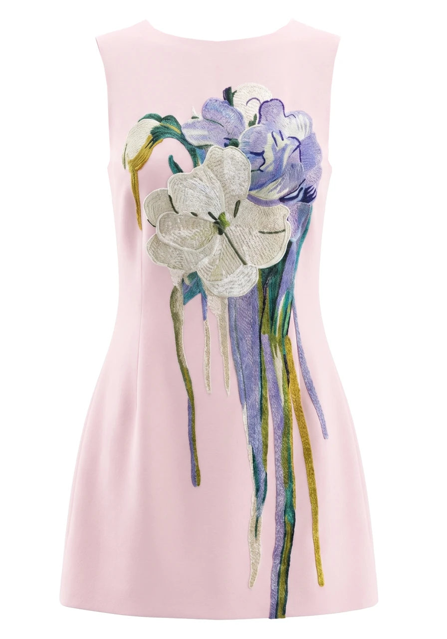 Floral Detail A Line Dress Pink