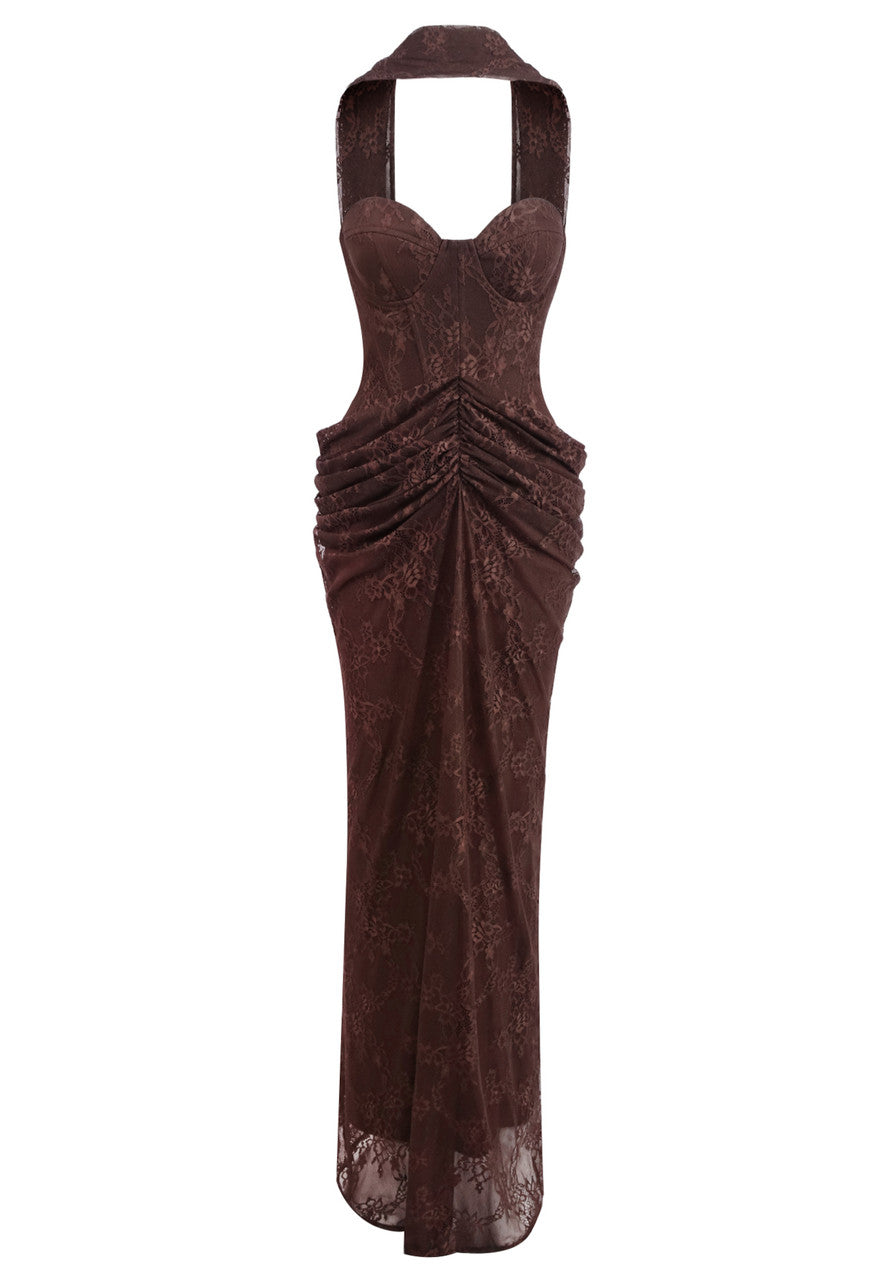 Strapless Draped Lace Bustier Maxi Dress Brown
