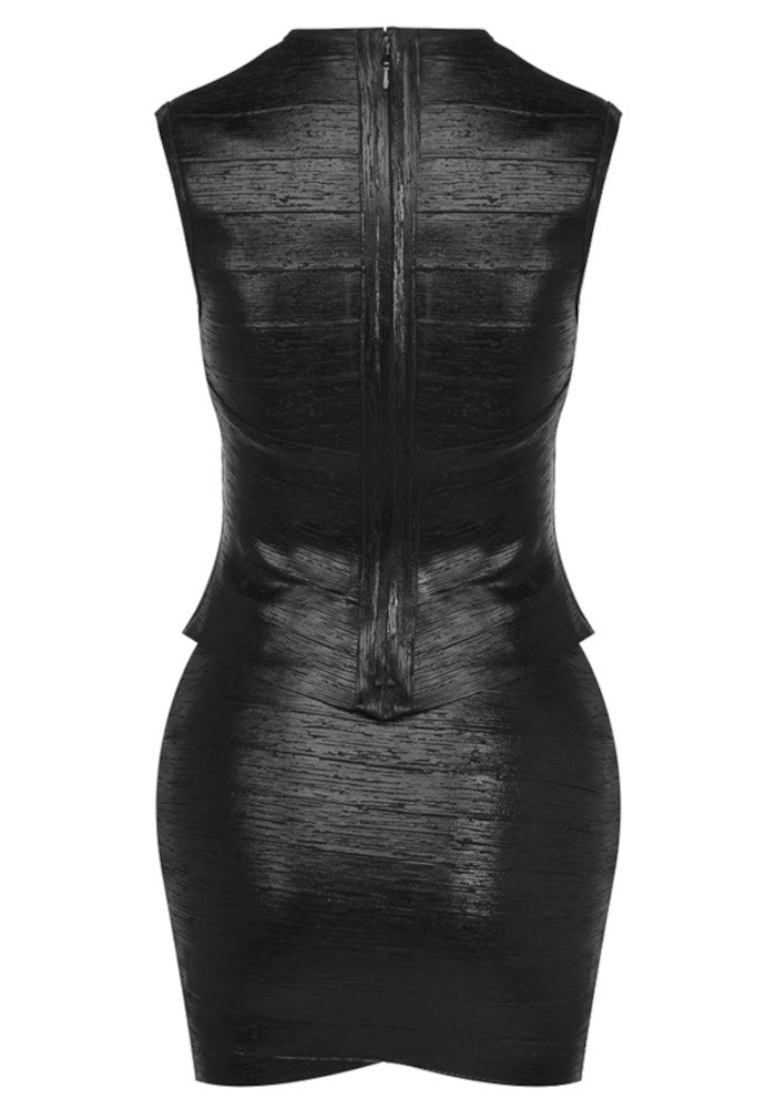 Woodgrain Foil Print Two Piece Dress Black