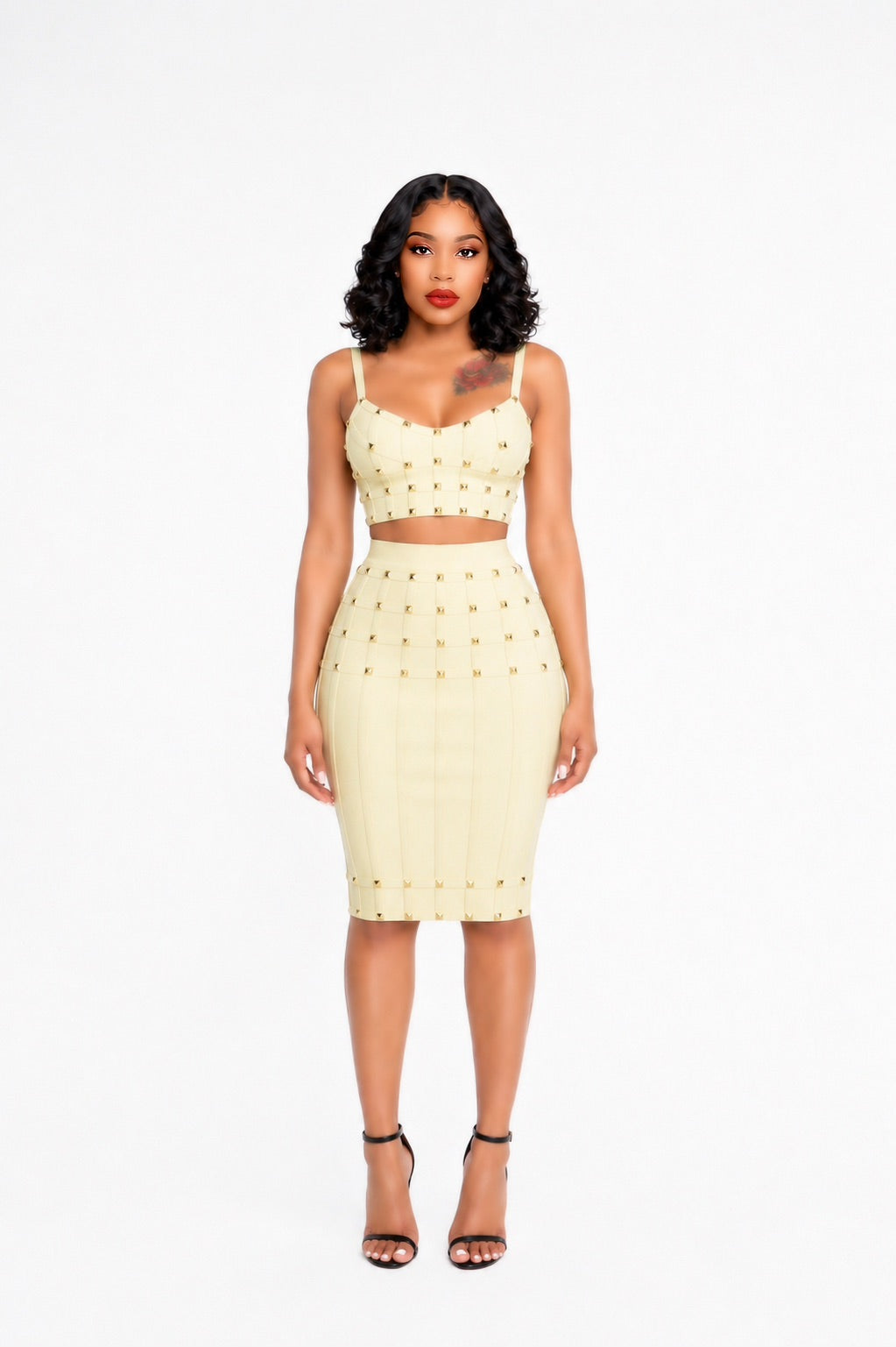 Studded Structured Midi Two Piece Dress Yellow