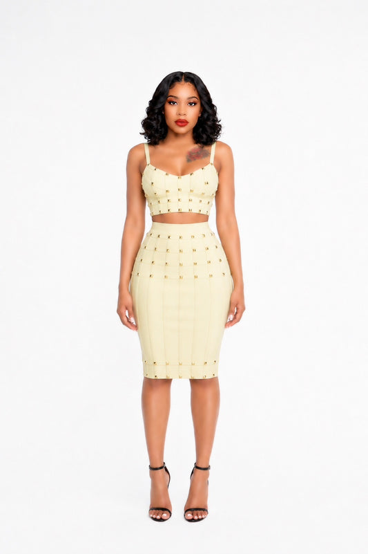 Studded Structured Midi Two Piece Dress Yellow