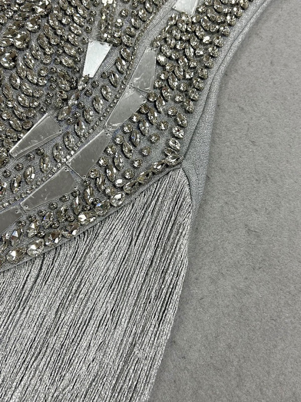 silver crystal fringe gown