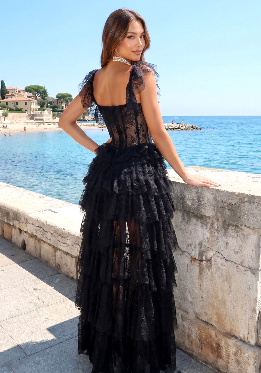 Lace Ruffle Maxi Dress Black