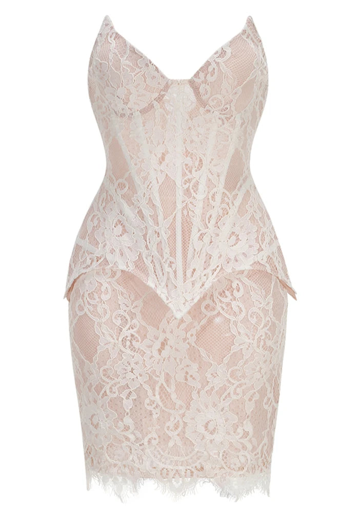 Strapless Lace Corset Two Piece Dress White