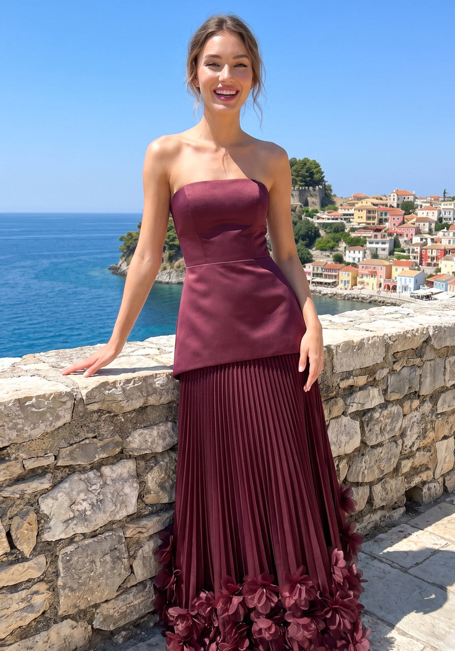Strapless Pleated Petal Maxi Dress Burgundy