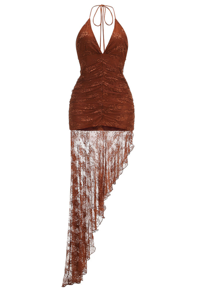 Halter Ruched Asymmetric Lace Maxi Dress Brown