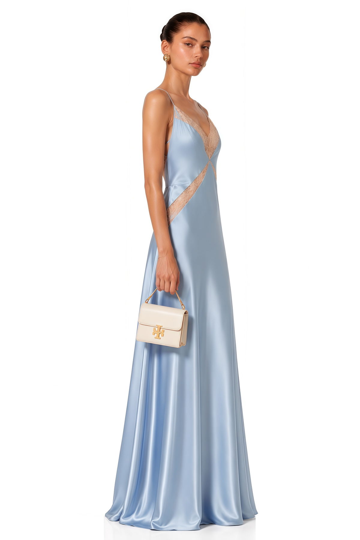 Blue V-neck Lace Trim Maxi Dress