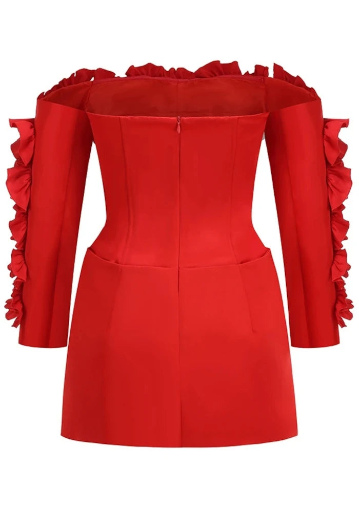 Long Sleeve Bardot Ruffle Dress Red