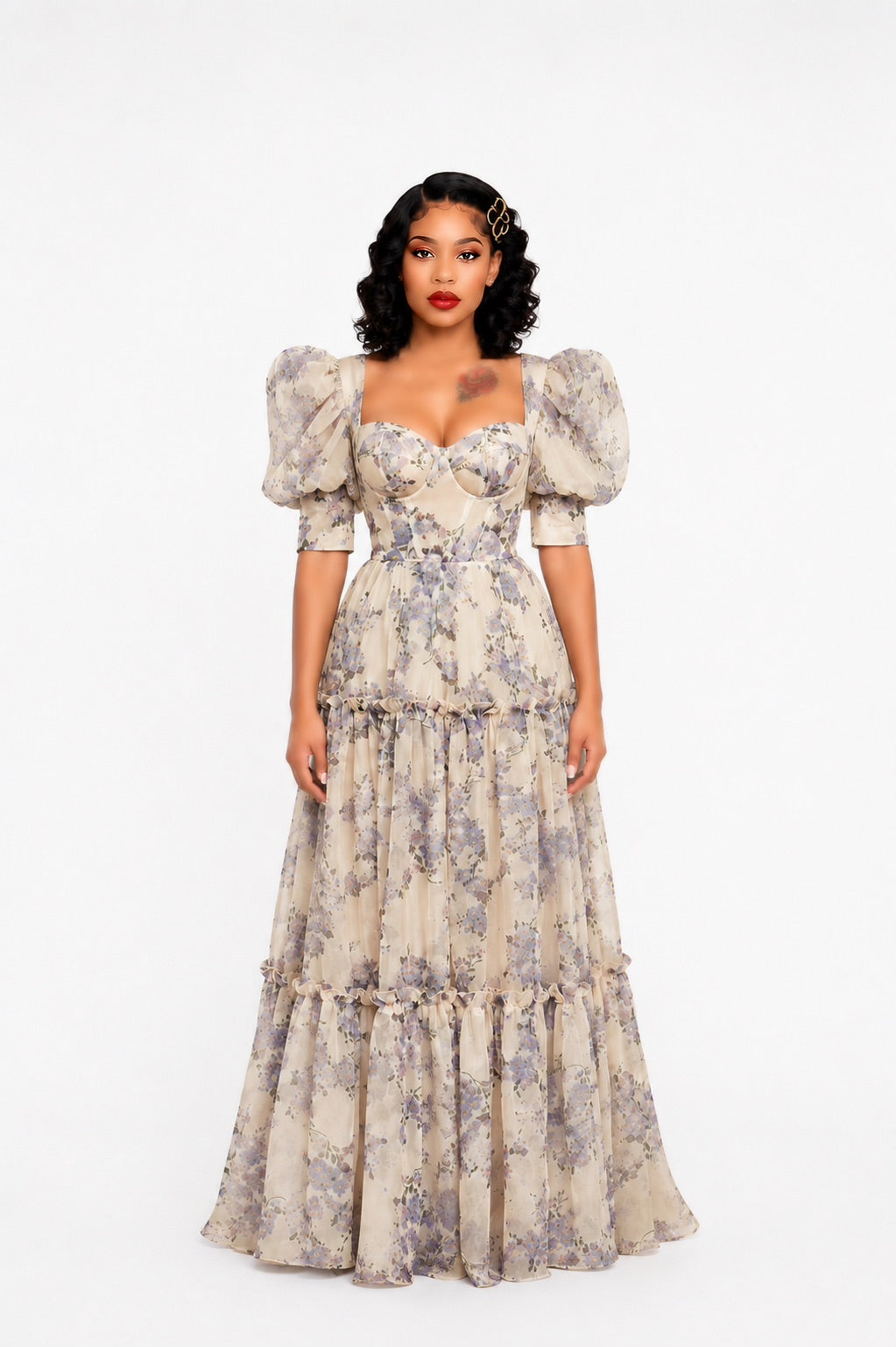 Wheat Purple Floral Print Ruffled Maxi Dress