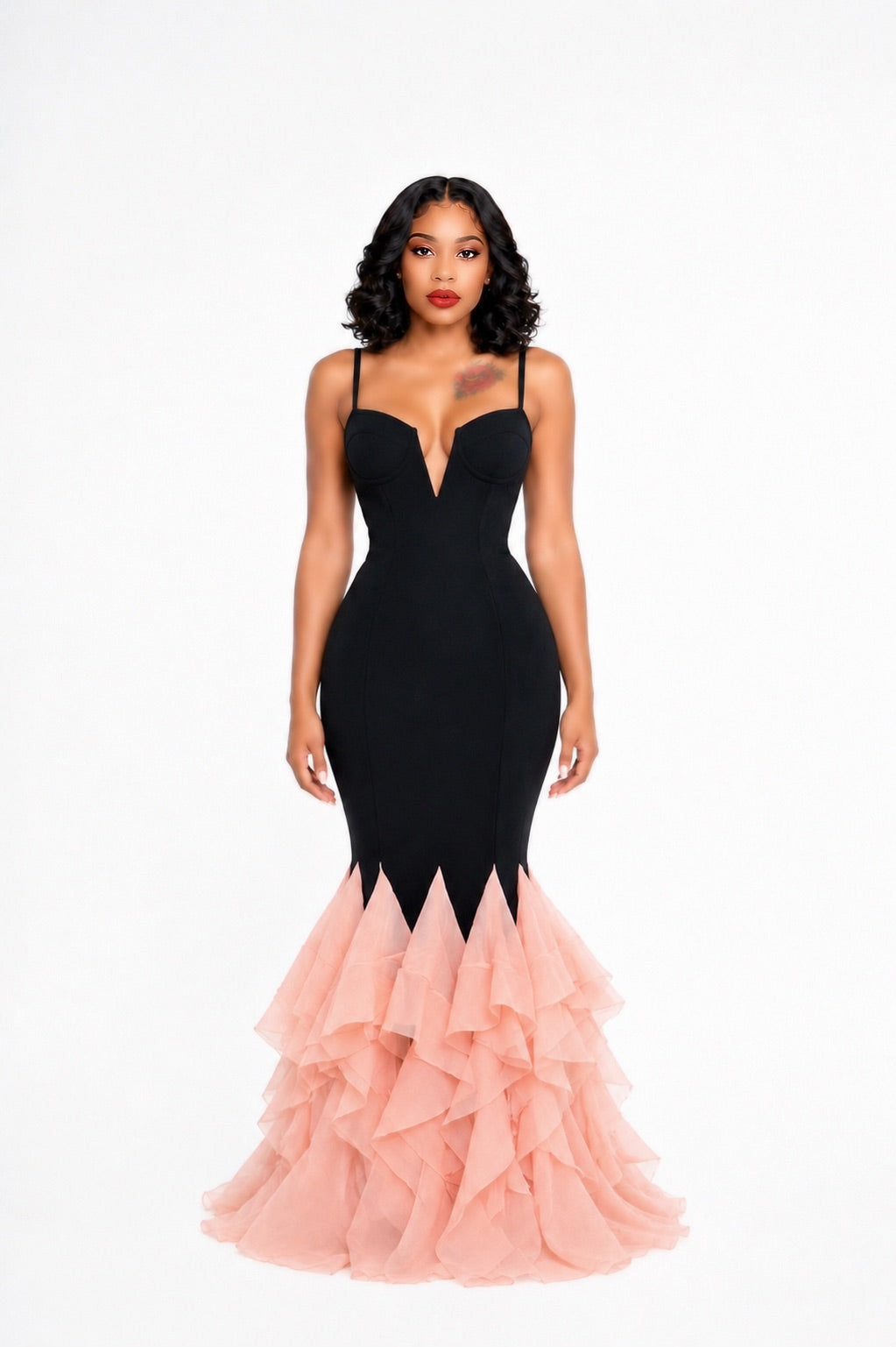 V-Neck Pink Mesh Bodycon Long Bandage Dress