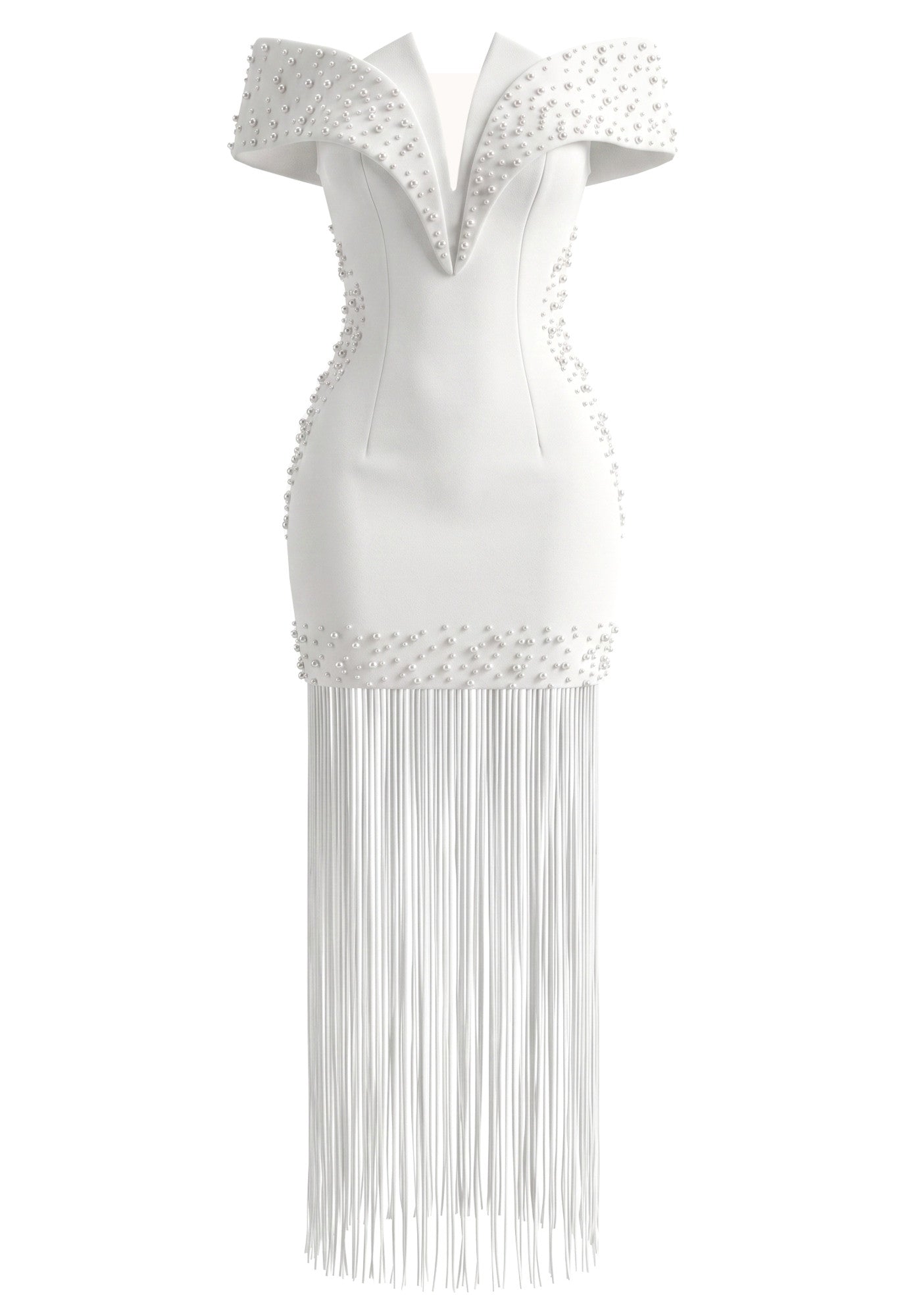 Pearl Embellished Bardot Tassel Maxi Dress White