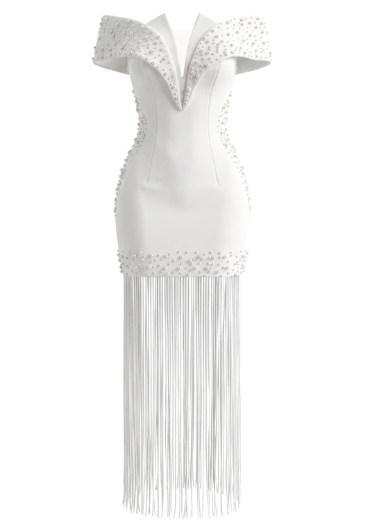 Pearl Embellished Bardot Tassel Maxi Dress White