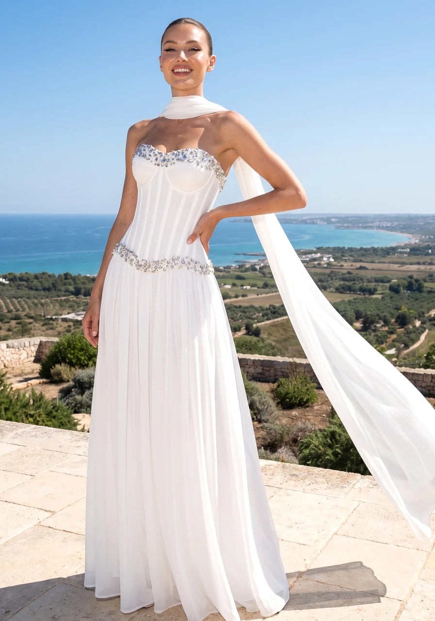 Strapless Embellished Bustier A Line Maxi Dress White