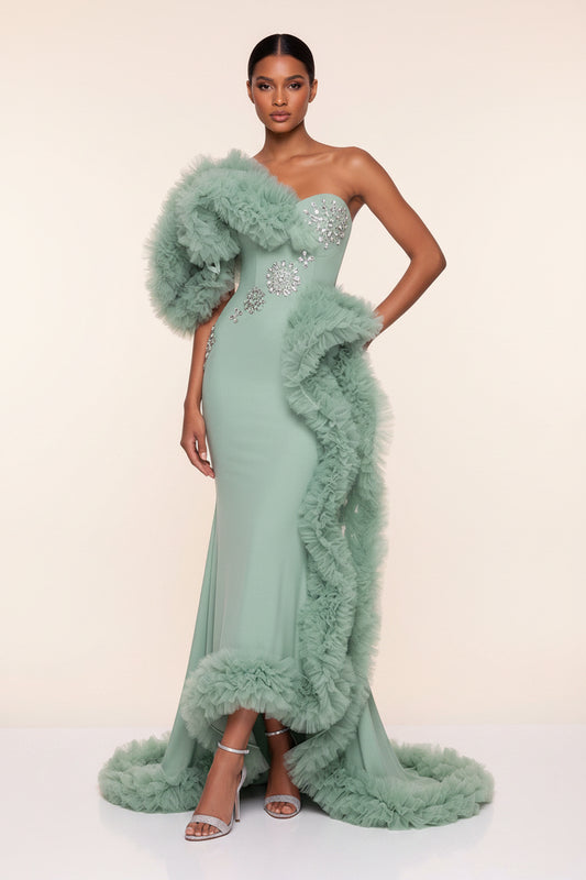 One Shoulder Crystal Tulle Maxi Dress