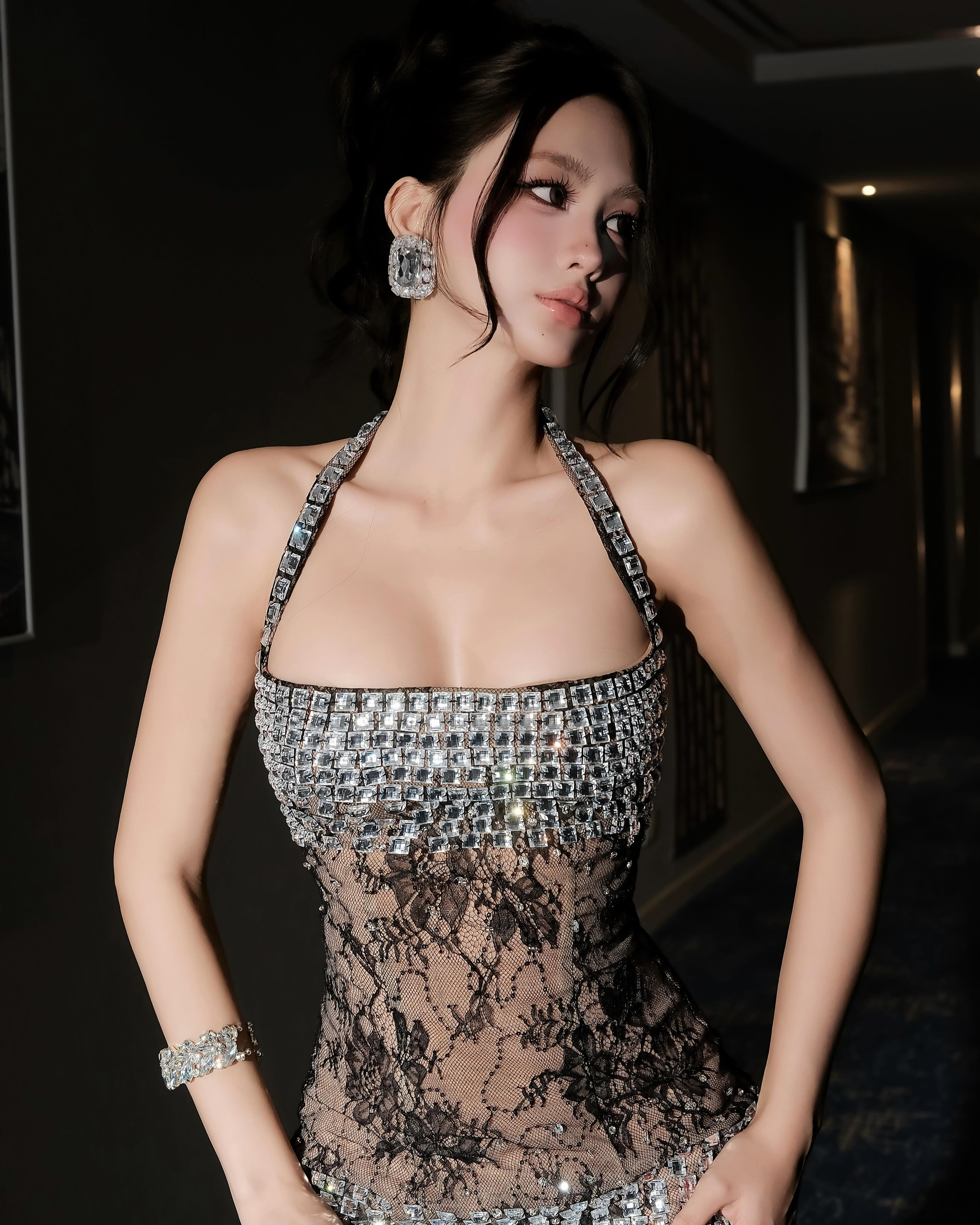 Crystal Lace Illusion Mini Dress