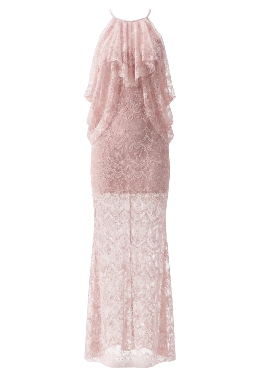 Halter Ruffle Draped Lace Maxi Dress Pink