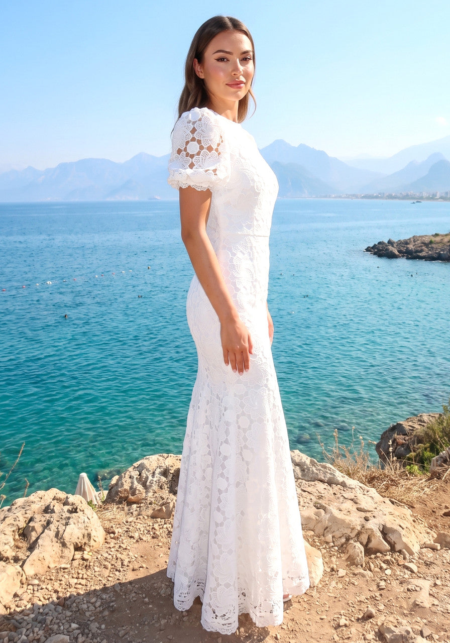 Short Sleeve Floral Crochet Mermaid Maxi Dress White