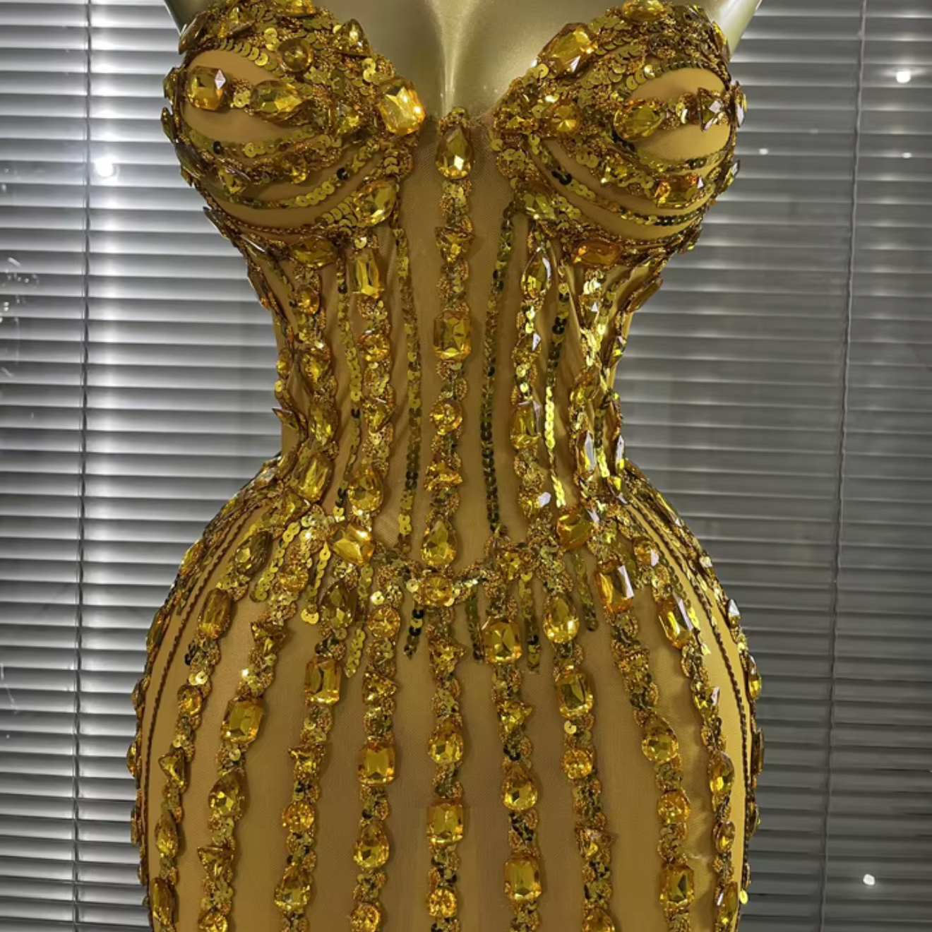 Gold Strapless Mesh See Through Long Dress