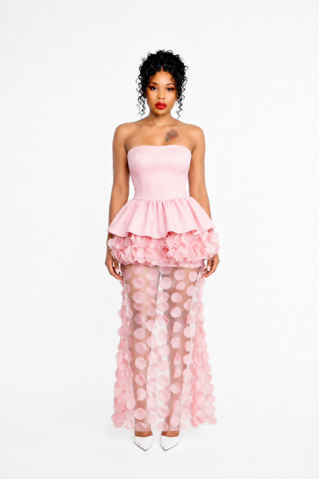 Strapless Floral Peplum Maxi Dress Pink