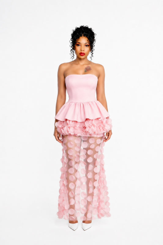 Strapless Floral Peplum Maxi Dress Pink