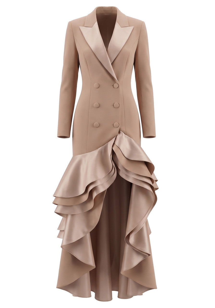 Long Sleeve Ruffle Detail Maxi Blazer Dress Brown