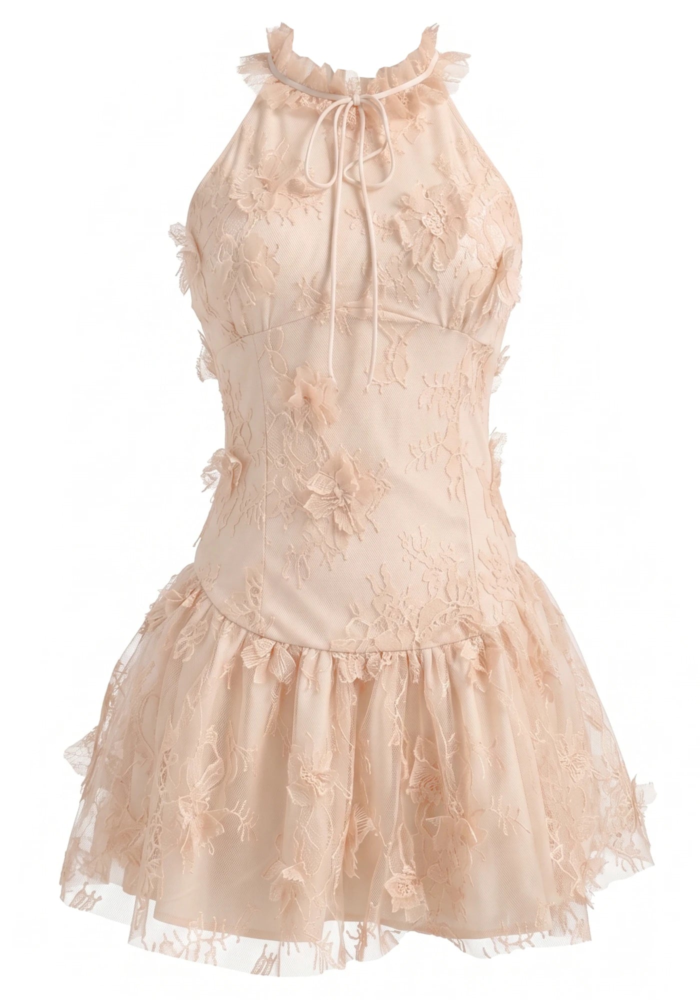 Halter Butterfly Detail Lace Dress Peach