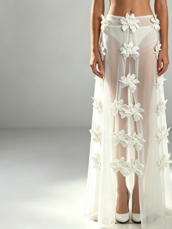 Ivory Blossom Sheer Maxi Skirt