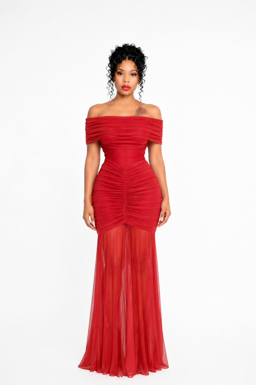 Ruched Bardot Maxi Dress Red