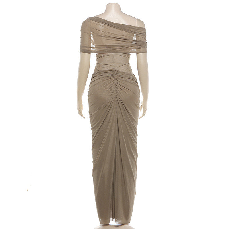 Pleated Design Tight Waist Maxi Dress Sexy See through Dress
