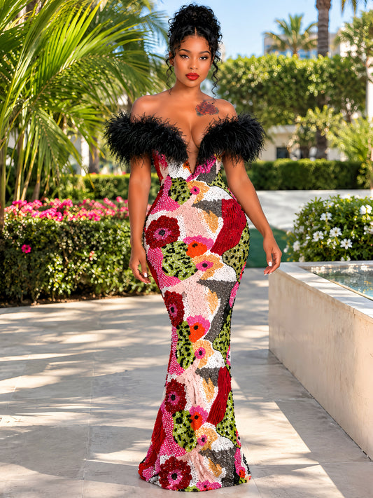 Nala Feather Sequin Maxi Dress