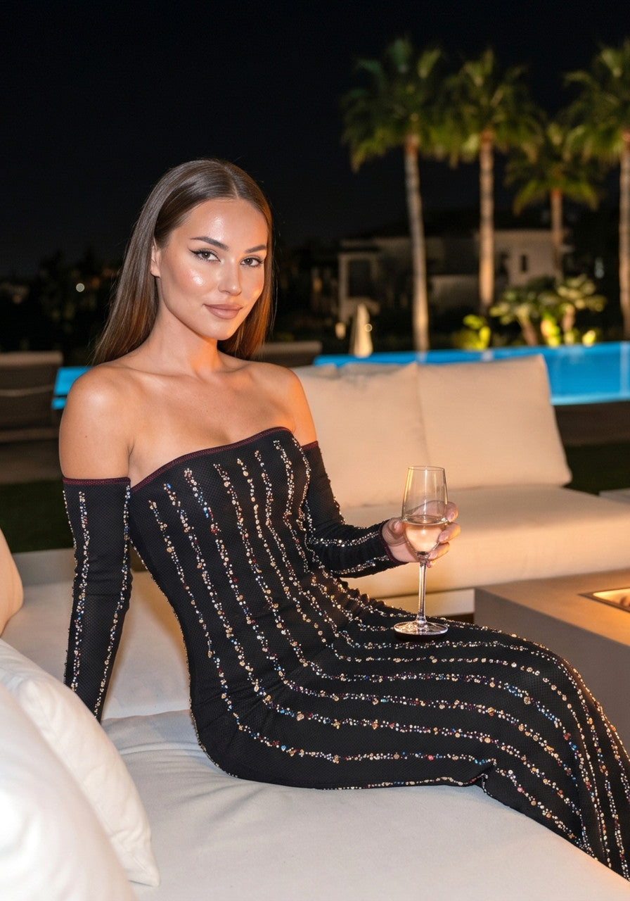 Embellished Long Sleeve Bardot Maxi Dress Black