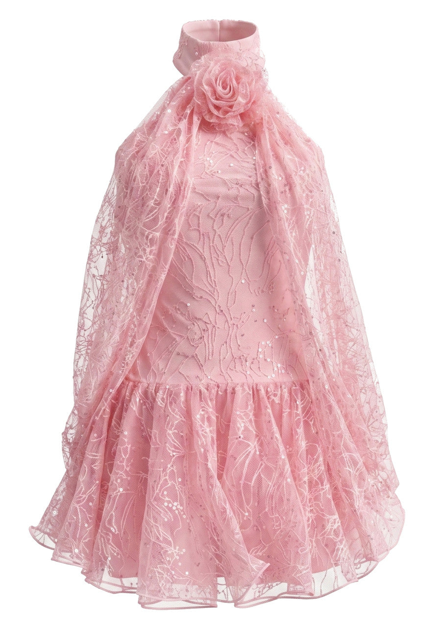 Halter Draped Lace A Line Dress Pink