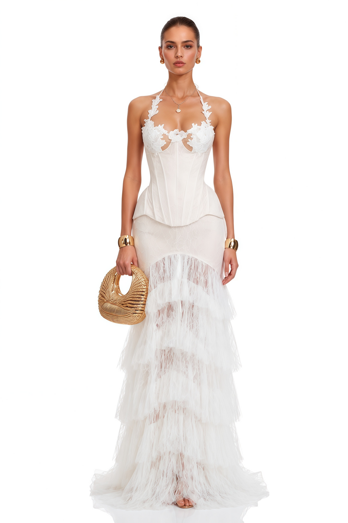 Halter Lace Corset Bust Multi Layered Tassel Fringe Sheer Mesh Maxi Skirt set
