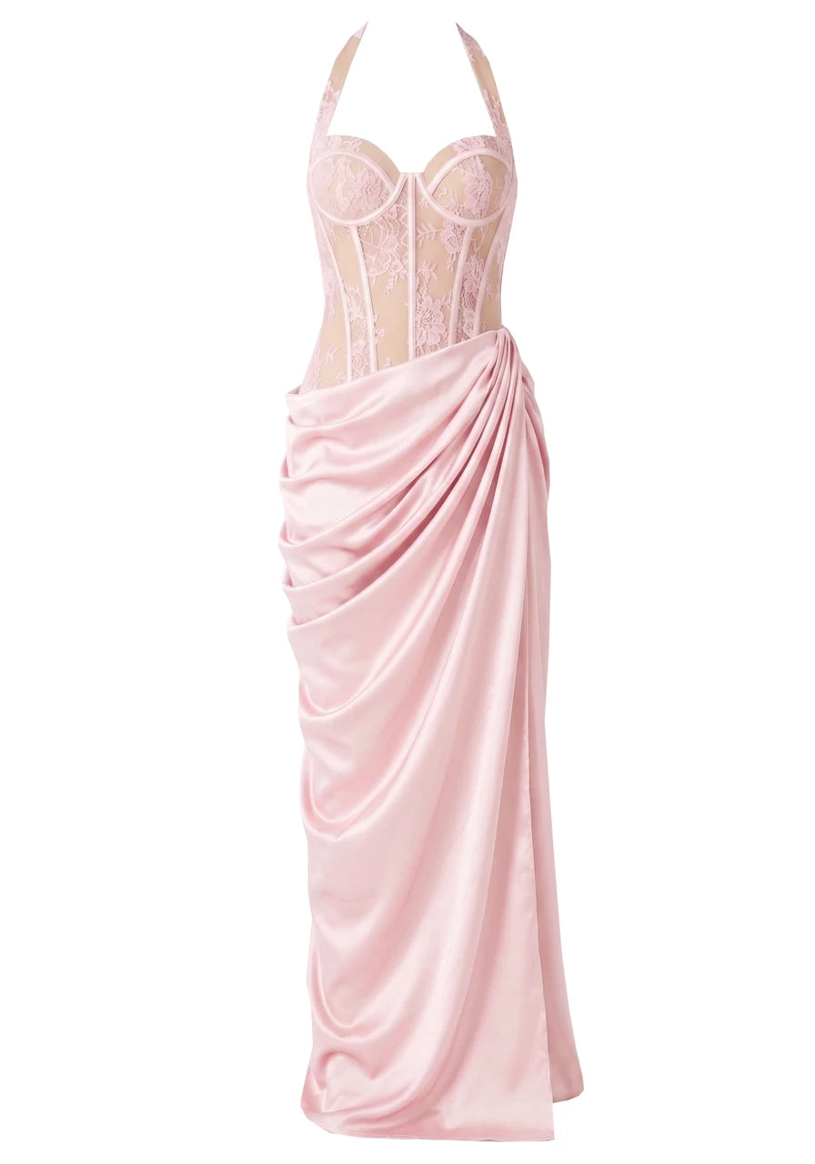 Halter Lace Corset Draped Maxi Dress Pink