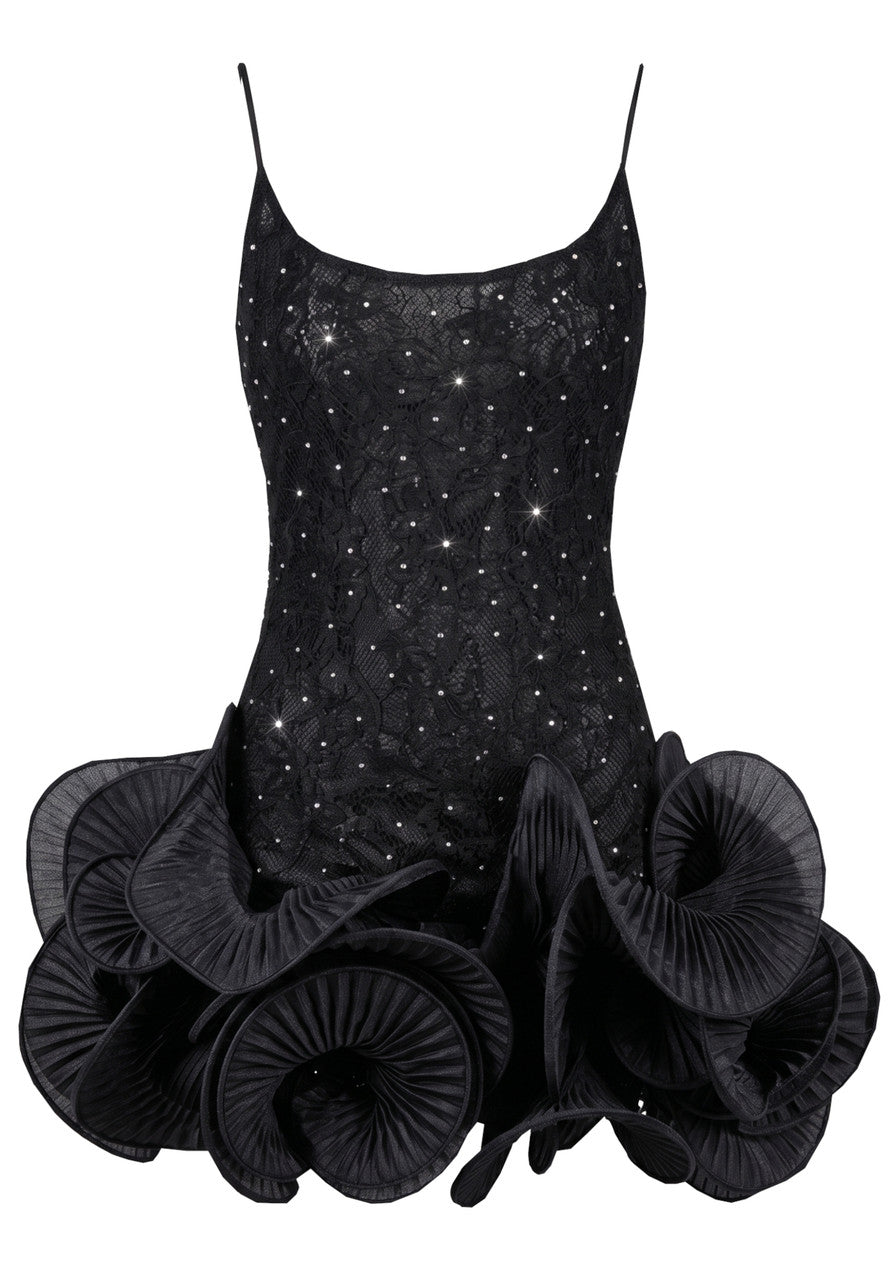 Long Sleeve Pleated Ruffle Dress Black