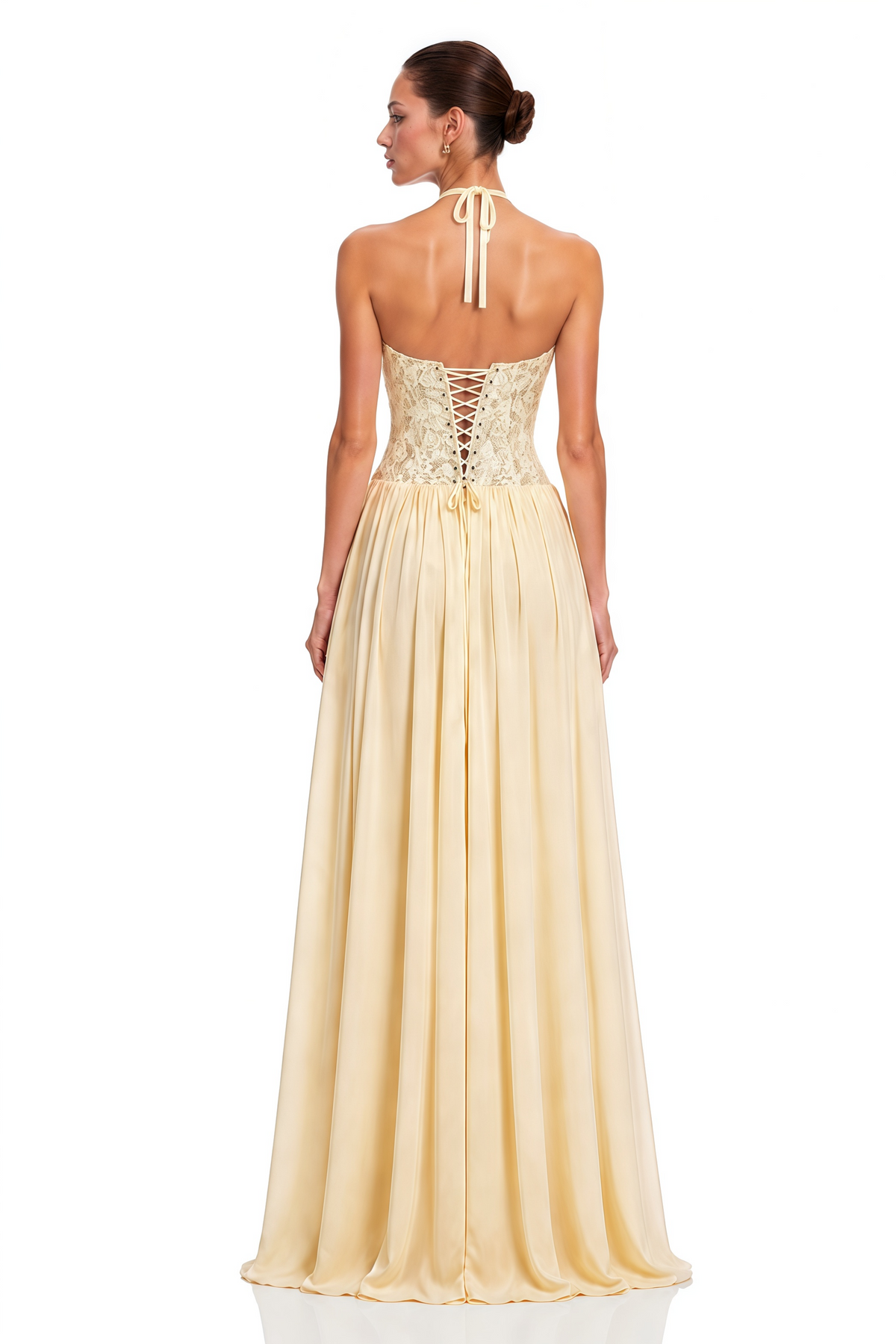 Yellow Halterneck Lace Corset Maxi Dress
