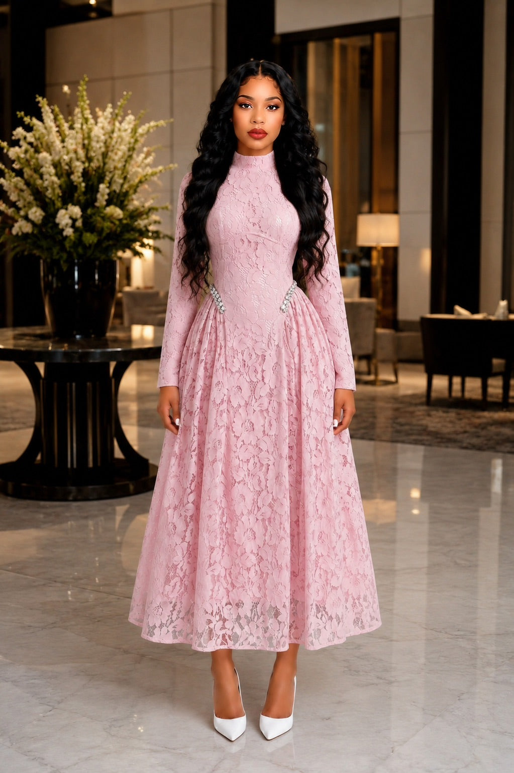 Long Sleeve Crystal Detail A Line Lace Maxi Dress Pink