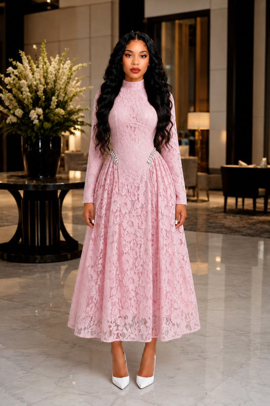 Long Sleeve Crystal Detail A Line Lace Maxi Dress Pink