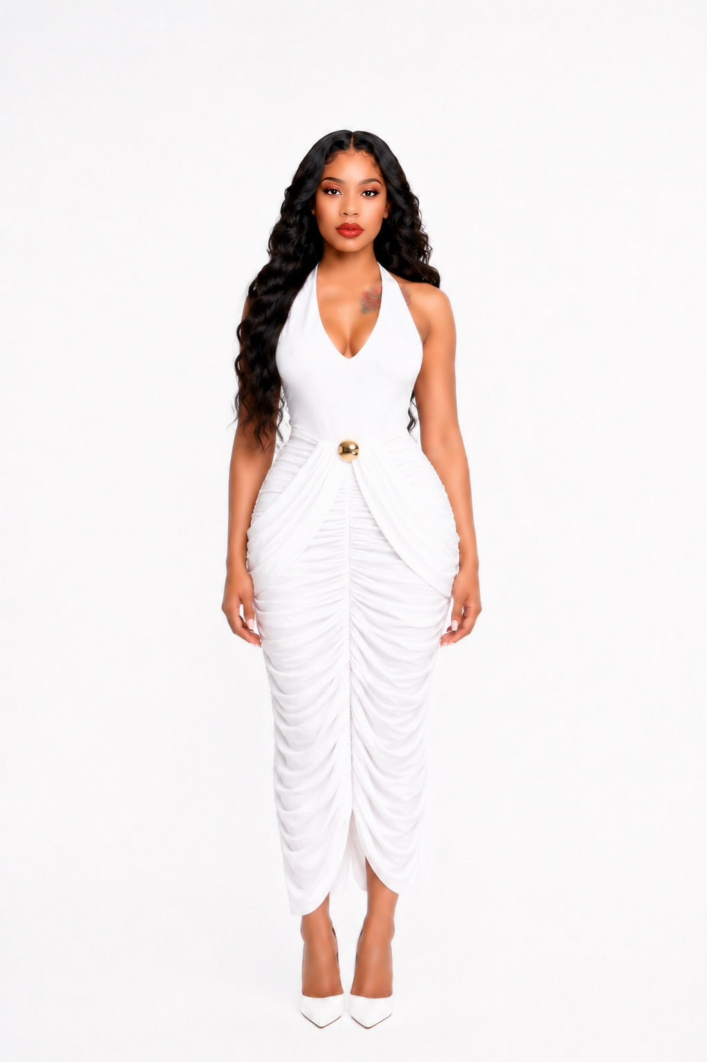 Halter Draped Design Maxi Dress White