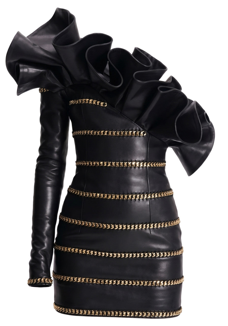 One Sleeve Ruffle Chain Faux Leather Dress Black