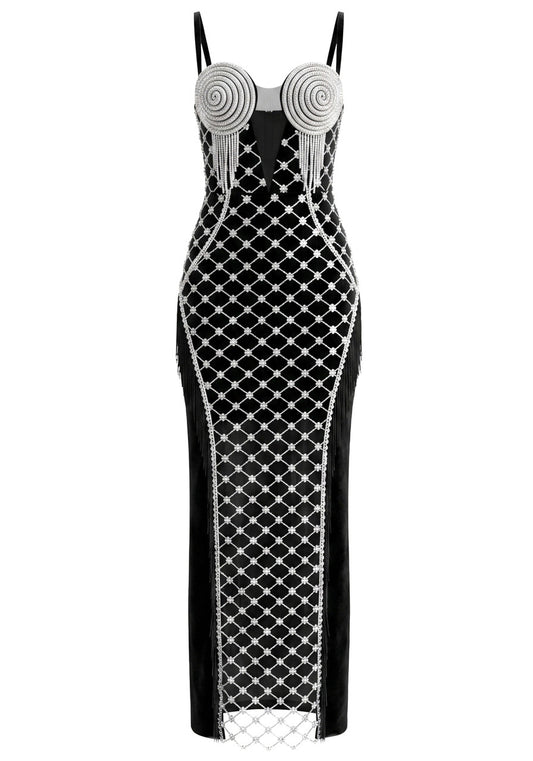 Tassel Bustier Sequin Maxi Dress Black Silver