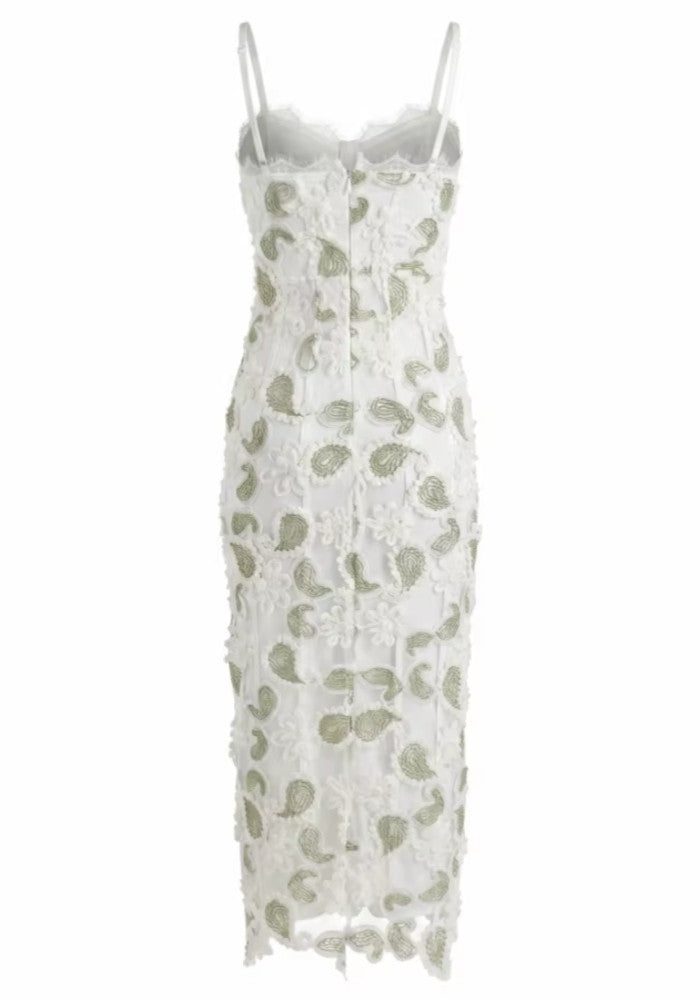 Floral Lace Midi Dress White Green