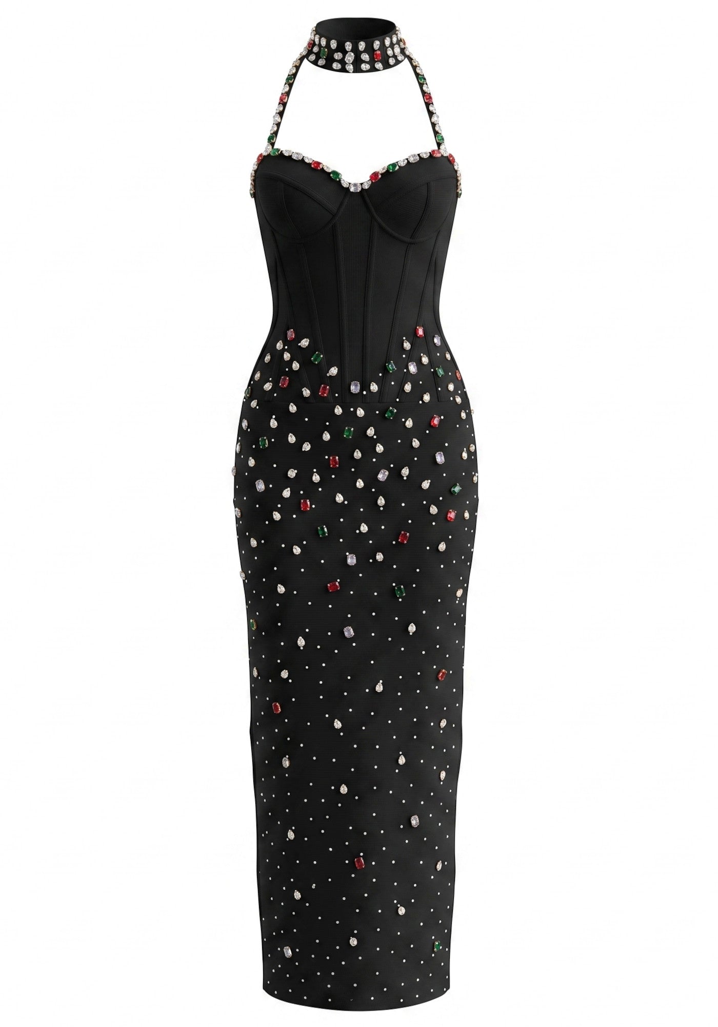 Halter Crystal Structured Bustier Maxi Dress Black