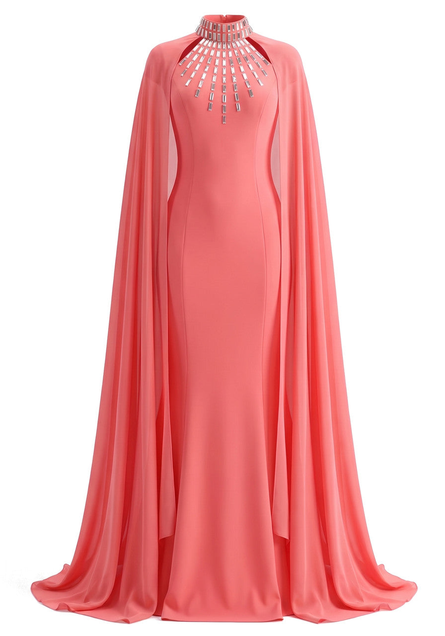 Cape Embellished Maxi Dress Coral Red