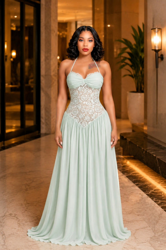 Mint Green Halterneck Lace Corset Maxi Dress