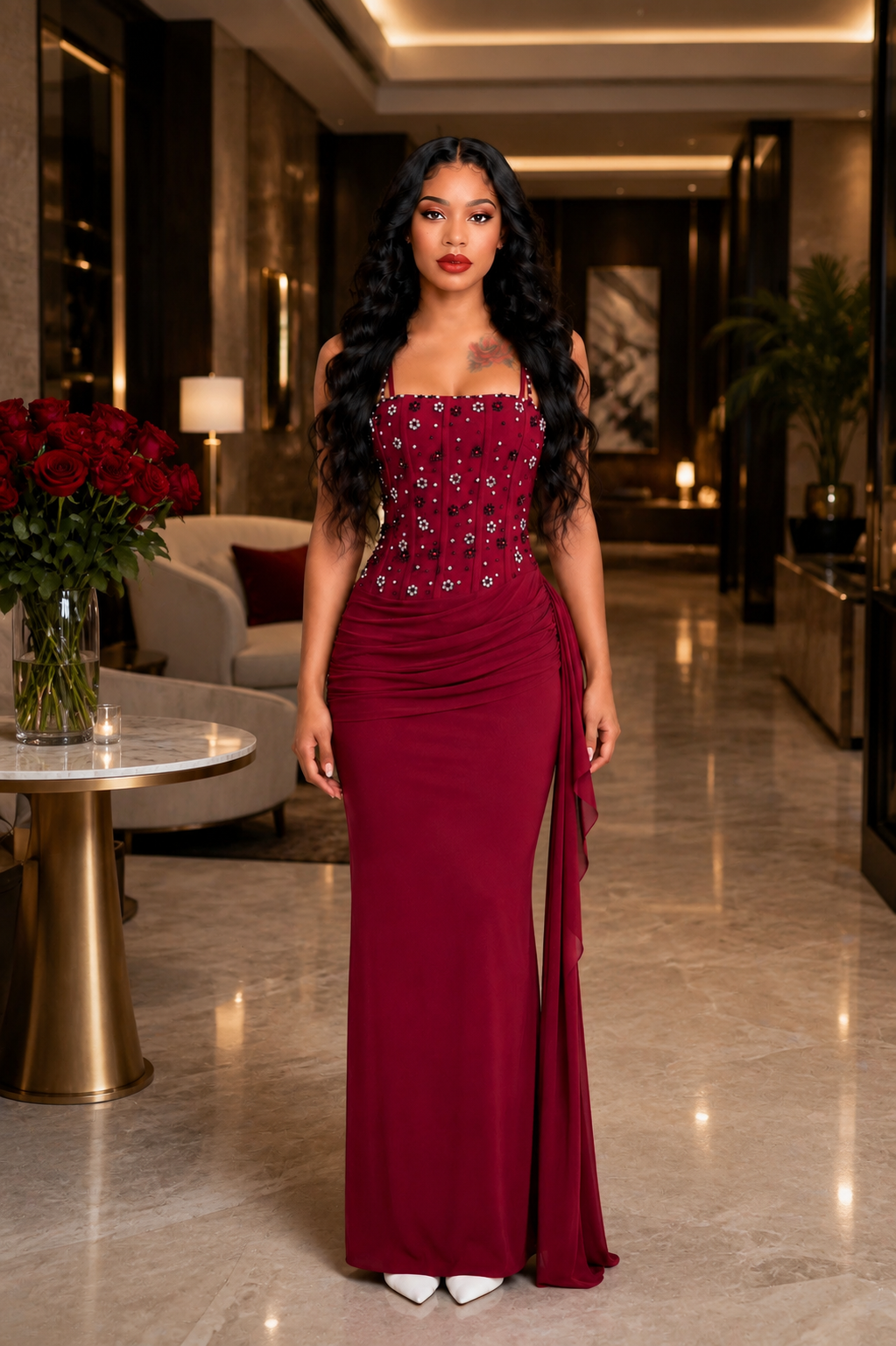 Embellished Structured Draped Maxi Dress Red